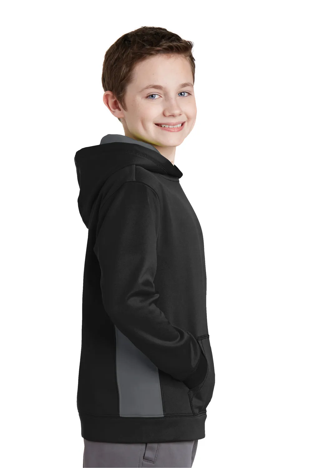 Sport-Tek Youth Sport-Wick Moisture Wicking Fleece Hooded Sweatshirt Hoodie w/ Pouch Pocket - Black/Dark Smoke Grey