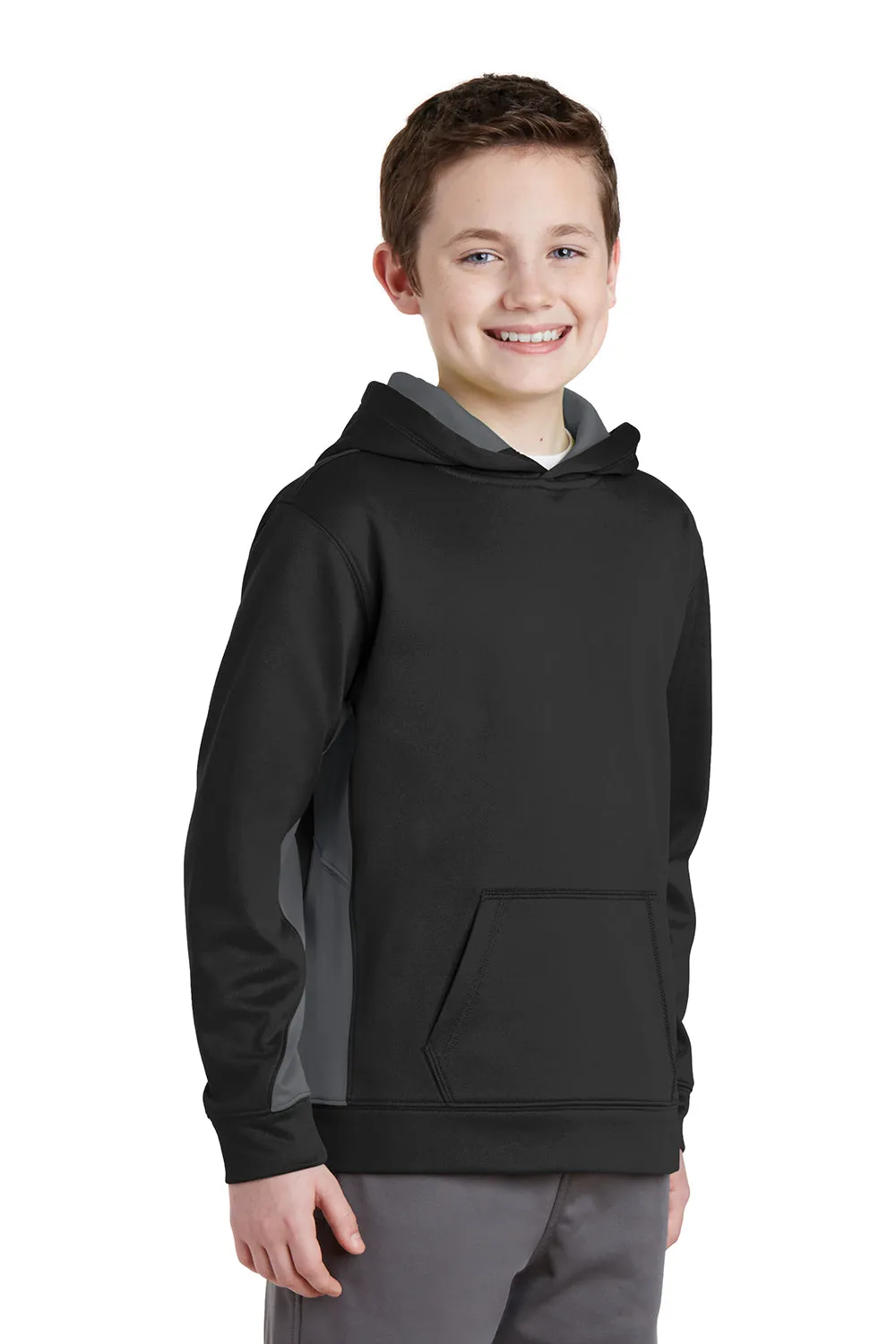 Sport-Tek Youth Sport-Wick Moisture Wicking Fleece Hooded Sweatshirt Hoodie w/ Pouch Pocket - Black/Dark Smoke Grey