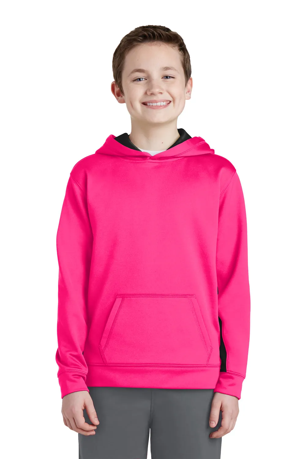 Sport-Tek Youth Sport-Wick Moisture Wicking Fleece Hooded Sweatshirt Hoodie w/ Pouch Pocket - Neon Pink/Black - Closeout