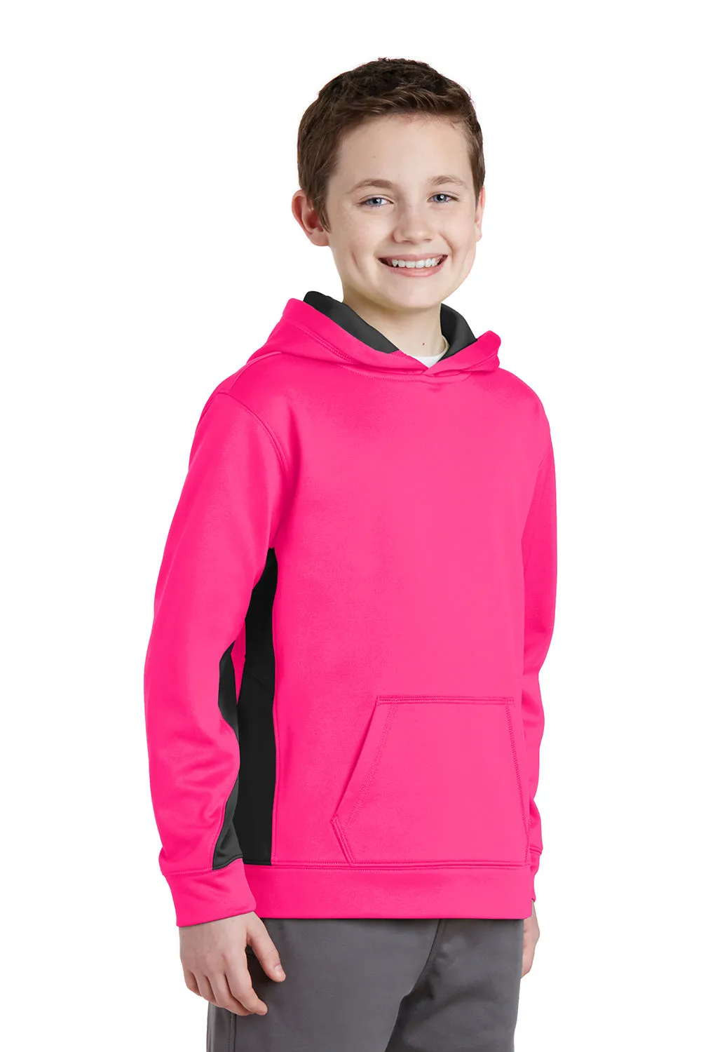 Sport-Tek Youth Sport-Wick Moisture Wicking Fleece Hooded Sweatshirt Hoodie w/ Pouch Pocket - Neon Pink/Black - Closeout