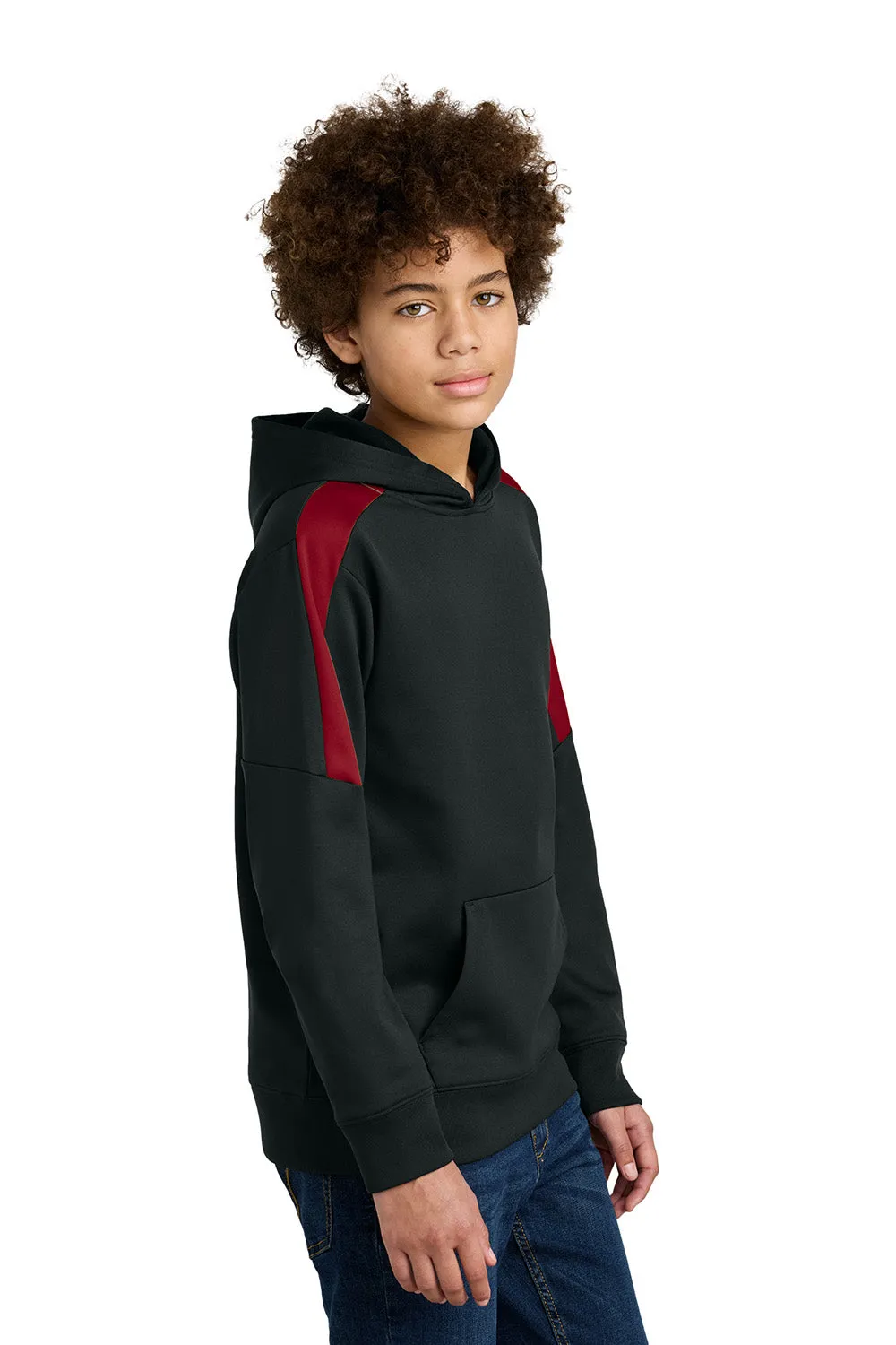 Sport-Tek Youth Sport-Wick Moisture Wicking United Fleece Hooded Sweatshirt Hoodie w/ Pouch Pocket - Black/Deep Red