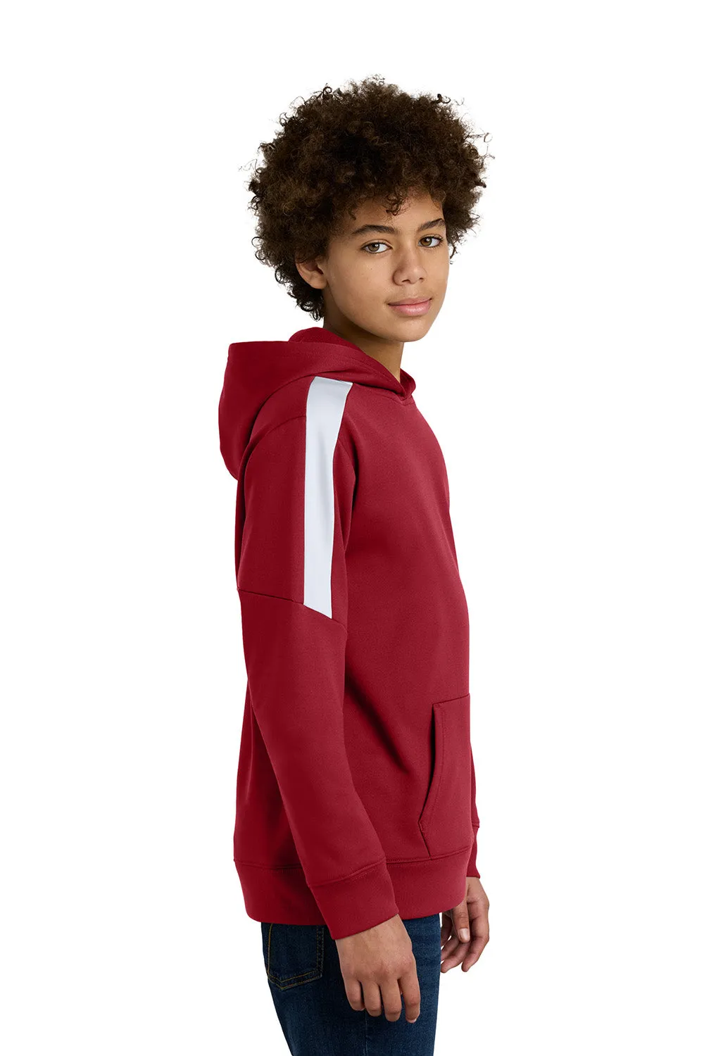 Sport-Tek Youth Sport-Wick Moisture Wicking United Fleece Hooded Sweatshirt Hoodie w/ Pouch Pocket - Deep Red/White