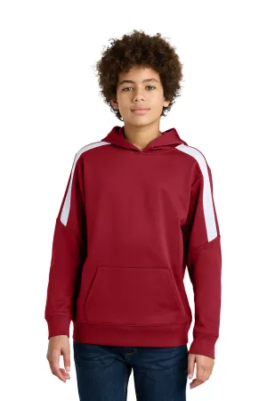 Sport-Tek Youth Sport-Wick Moisture Wicking United Fleece Hooded Sweatshirt Hoodie w/ Pouch Pocket - Deep Red/White