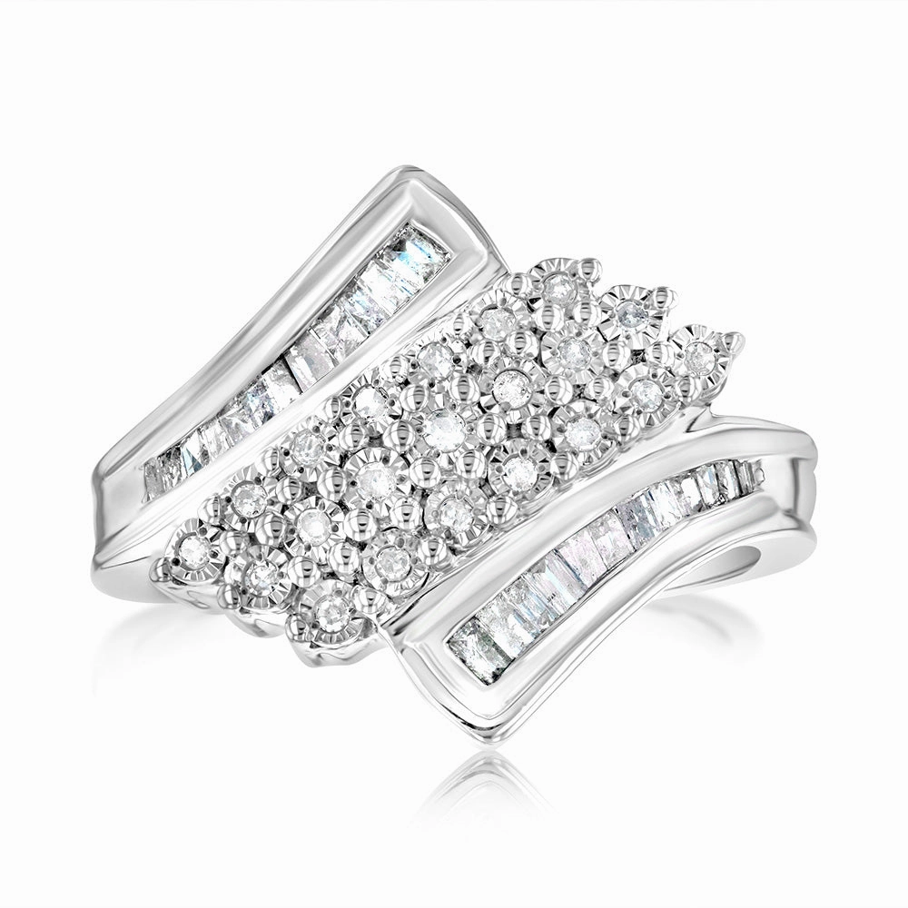 Sterling Silver 1/3 Carat Diamond Ring With Round and Baguette Cut Diamonds