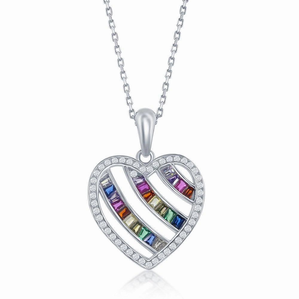 Sterling Silver 3-Row Rainbow Open Heart Pendant