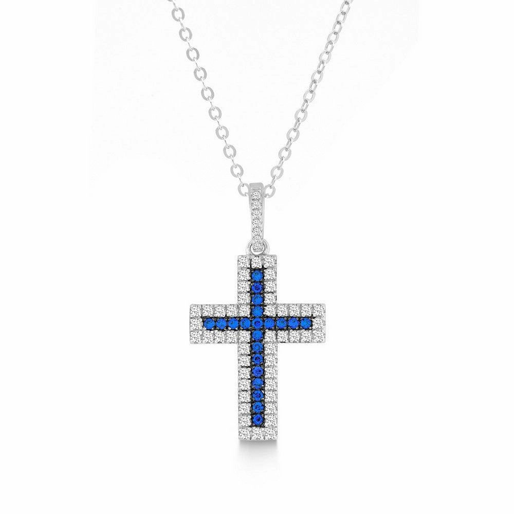 Sterling Silver Blue CZ Micro Pave Cross Pendant