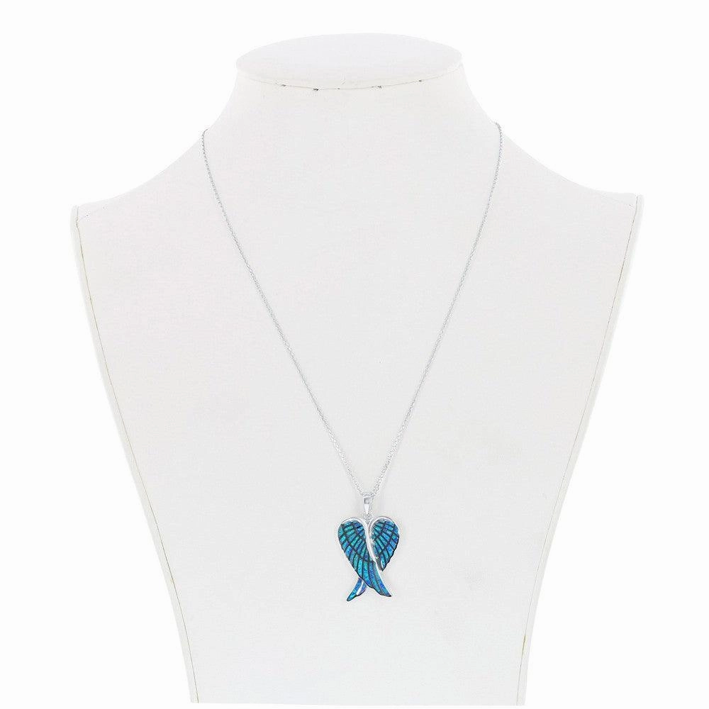 Sterling Silver Blue Inlay Opal Angel Wings Pendant