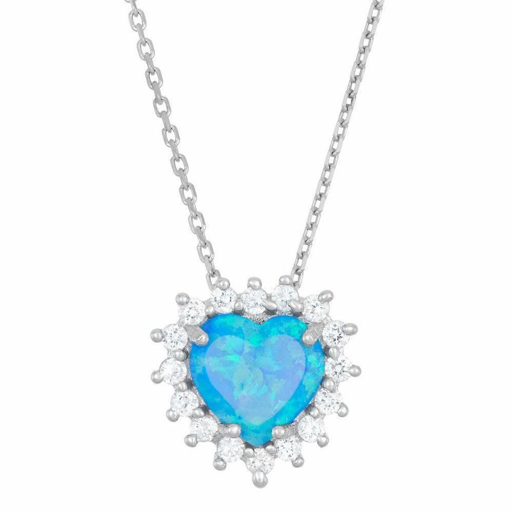 Sterling Silver Blue Inlay Opal Heart CZ Pendant