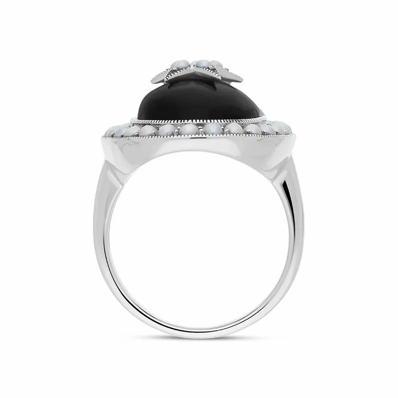 Sterling Silver Blue John Pearl Framed Large Oval Flower Ring