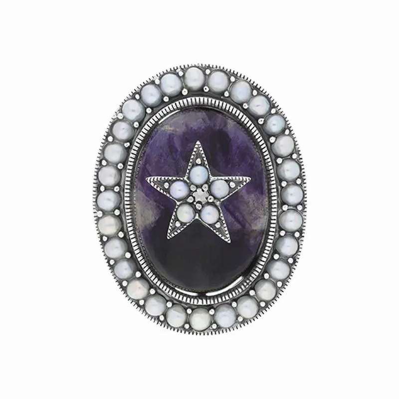 Sterling Silver Blue John Pearl Framed Large Oval Flower Ring