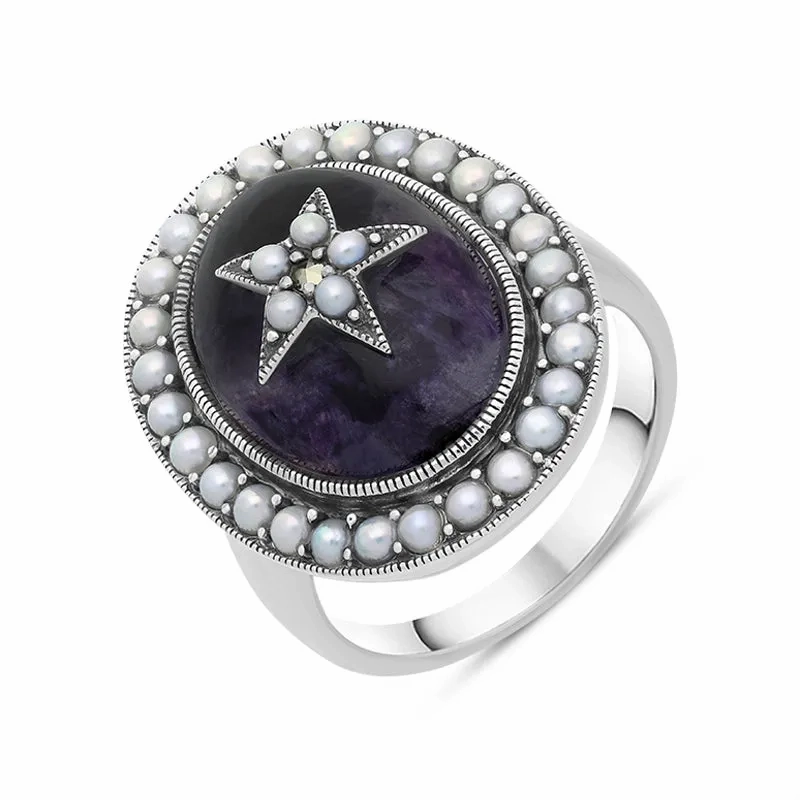 Sterling Silver Blue John Pearl Framed Large Oval Flower Ring