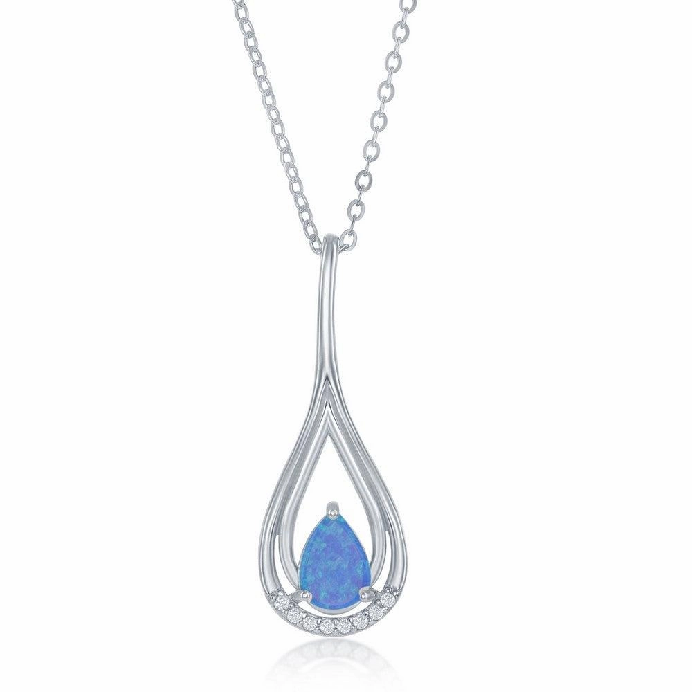 Sterling Silver Blue Opal Pear Shaped CZ Pendant