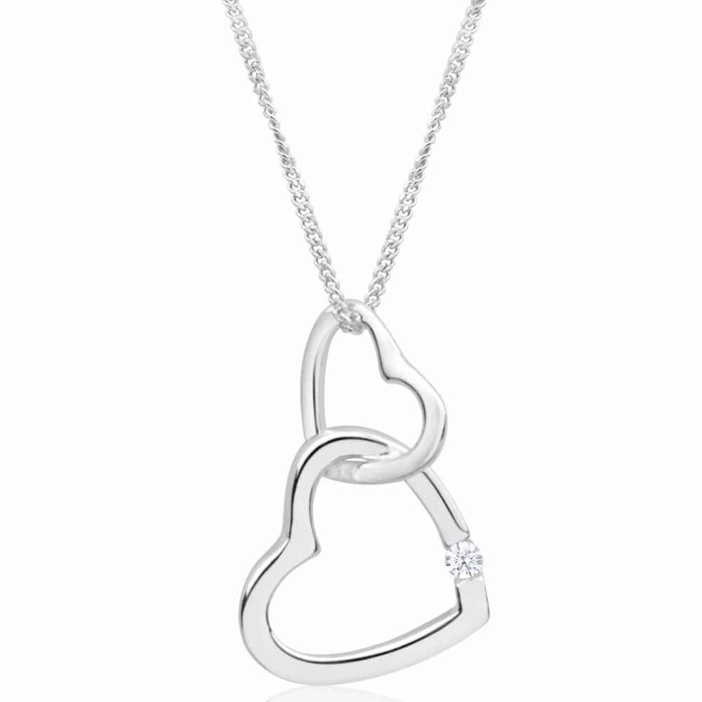 Sterling Silver Cubic Zirconia Double Open Heart Pendant With 45cm Chain