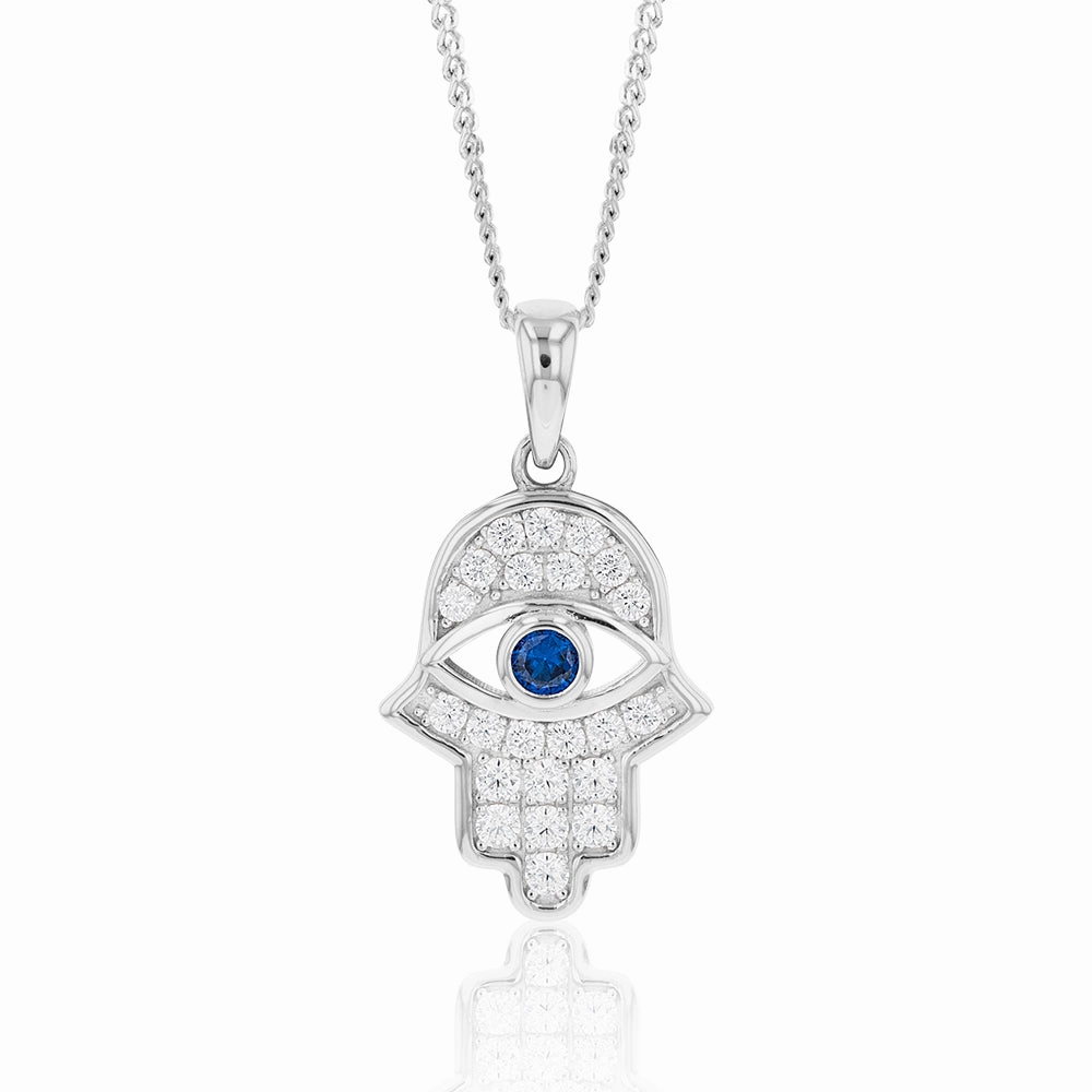 Sterling Silver Cubic Zirconia Hamsa Evil Eye Pendant