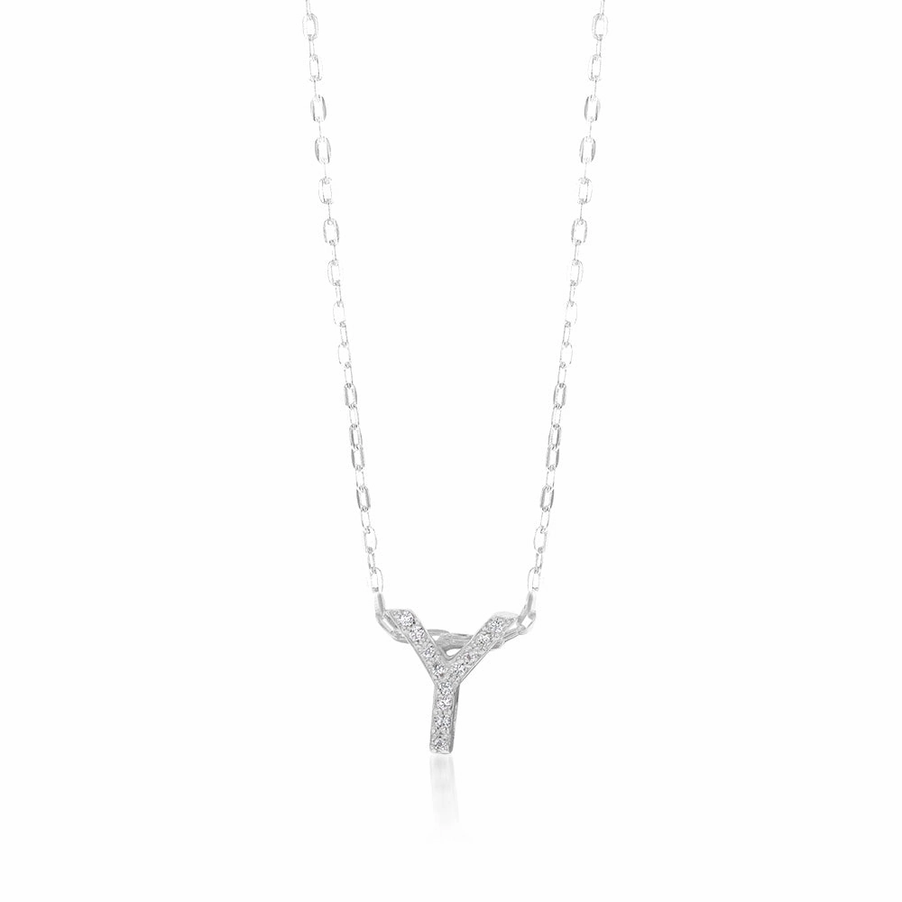 Sterling Silver Cubic Zirconia Inital "Y" Pendant On 39 3cm Chain