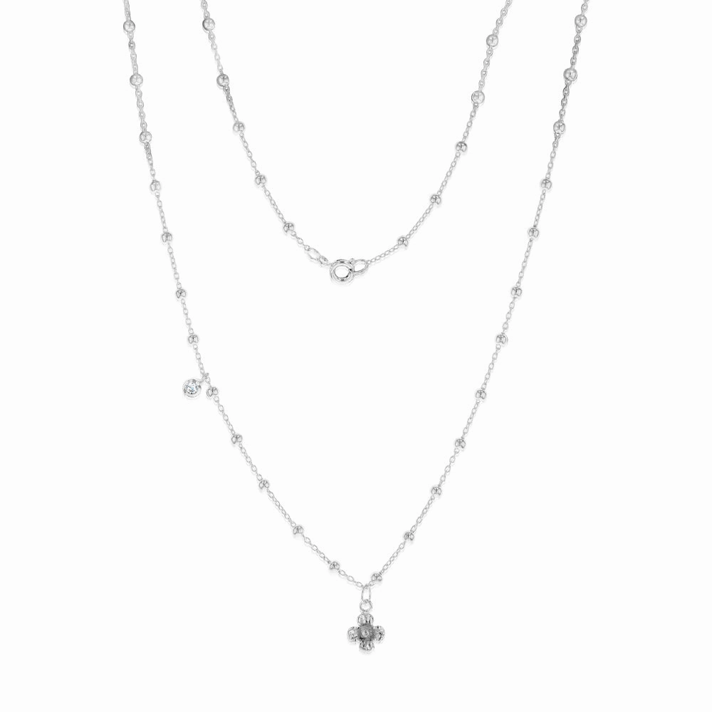 Sterling Silver Flower And Cubic Zirconia Charms On 45cm Balls Chain