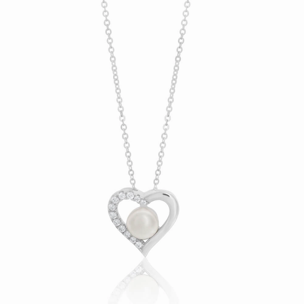 Sterling Silver Freshwater Pearl and Cubic Zirconia Heart Pendant