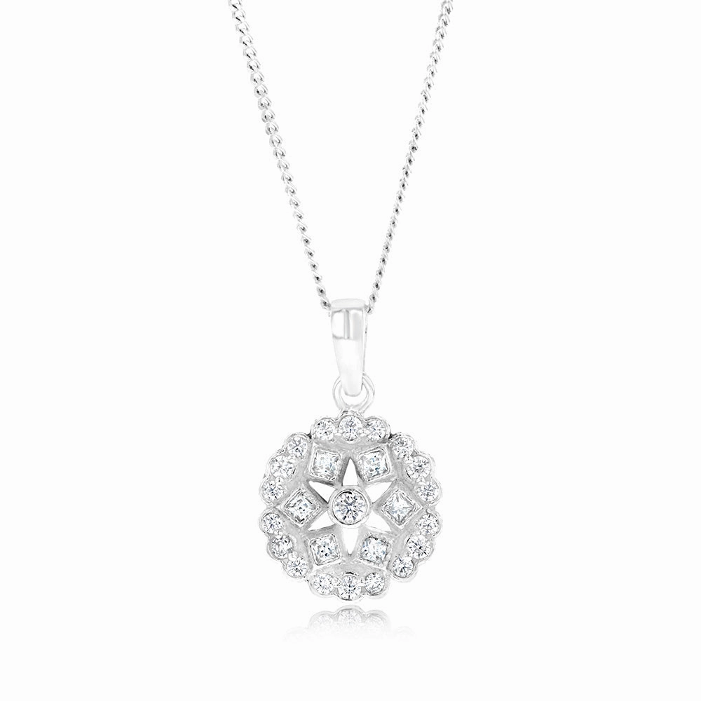 Sterling Silver Geometric Flower Cubic Zirconia Pendant