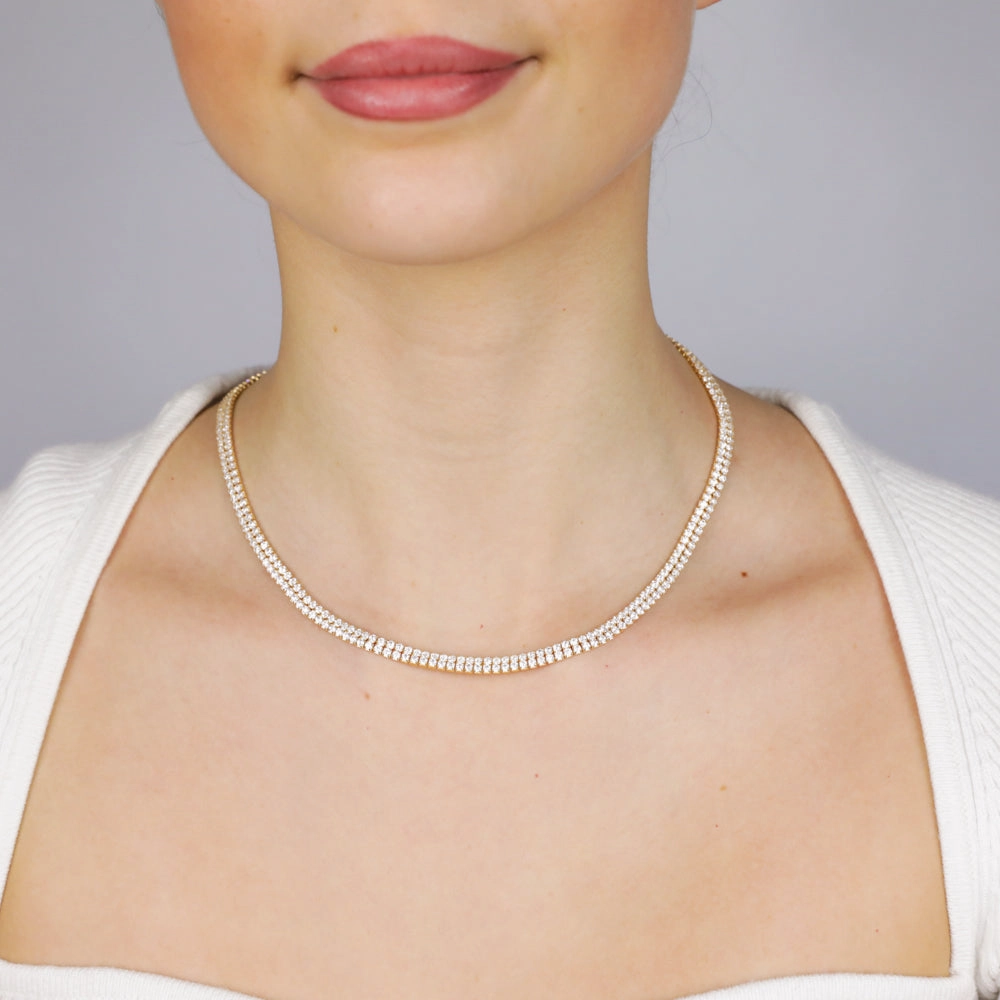 Sterling Silver Gold Plated 2mm Cubic Zirconia Two Row 40 5cm Tennis Chain