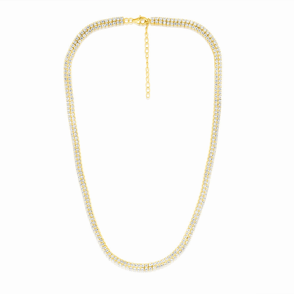 Sterling Silver Gold Plated 2mm Cubic Zirconia Two Row 40 5cm Tennis Chain