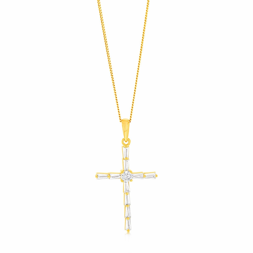 Sterling Silver Gold Plated Cubic Zirconia Cross Pendant