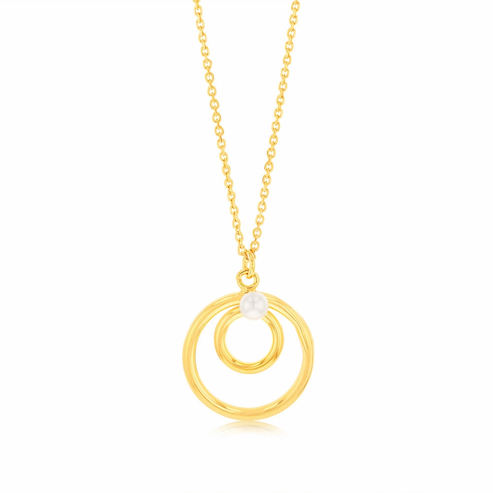Sterling Silver Gold Plated Double Circle Synthetic Pearl Pendant on 45cm Chain