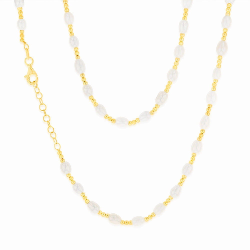 Sterling Silver Gold Plated Fresh Water Pearl And Gold Beads 40 3cm Chain