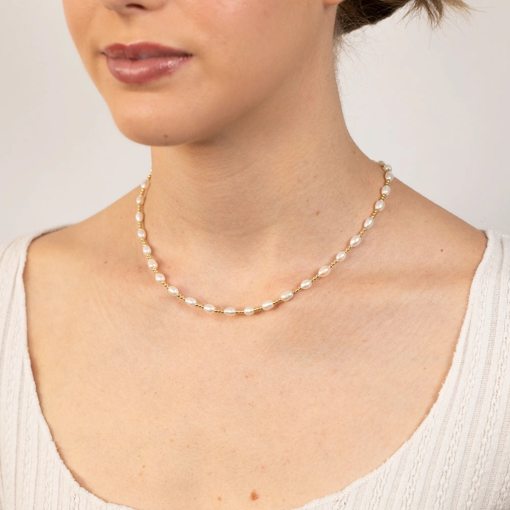 Sterling Silver Gold Plated Fresh Water Pearl And Gold Beads 40 3cm Chain