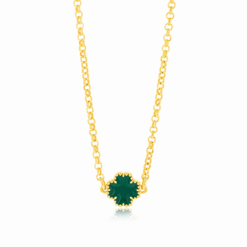 Sterling Silver Gold Plated Green Four Leaf Enamel Flower Pendant On chain