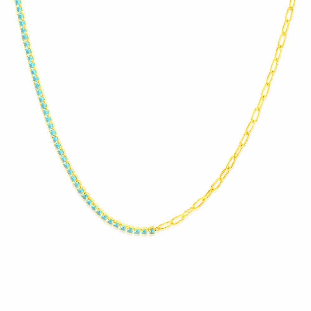 Sterling Silver Gold Plated Greenish Blue Zirconia Paperclip 45.7cm Chain