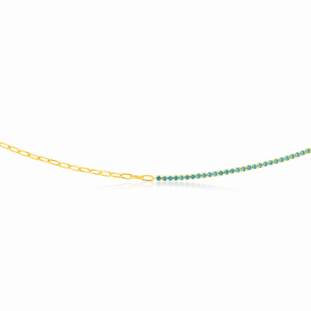 Sterling Silver Gold Plated Greenish Blue Zirconia Paperclip 45.7cm Chain