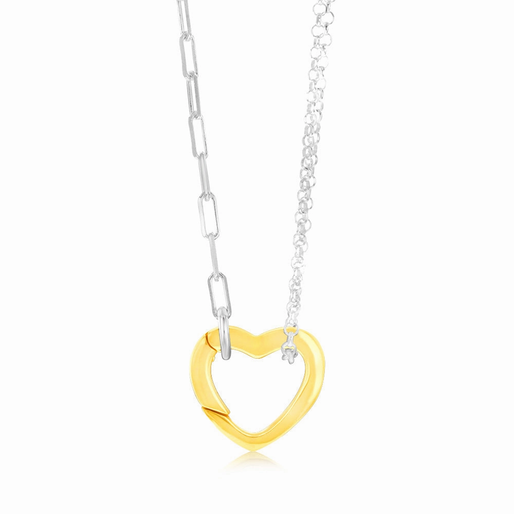 Sterling Silver Gold Plated Heart Pendant On Fancy 45cm Silver Chain