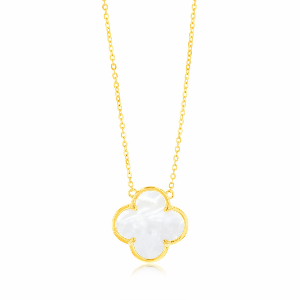 Sterling Silver Gold Plated White Shell Pearl Four Leaf Clover Pendant On Chain