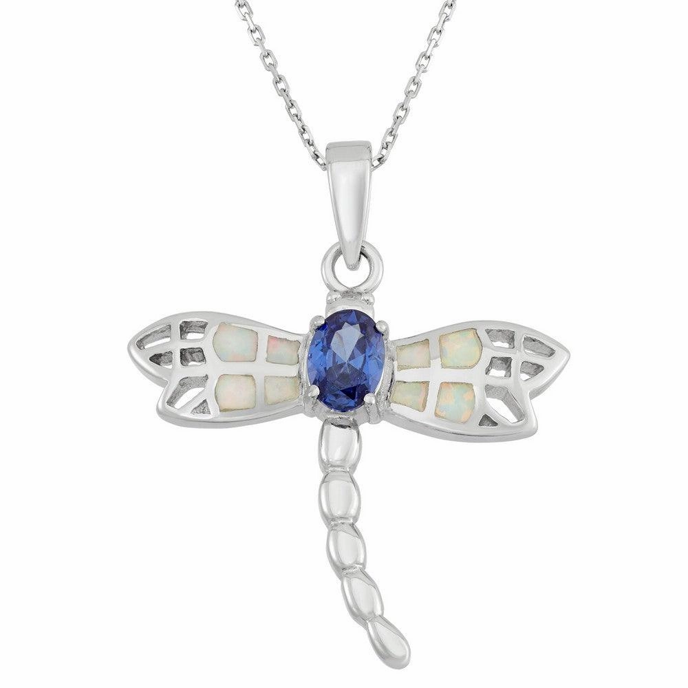 Sterling Silver Oval Blue CZ Dragonfly Pendant