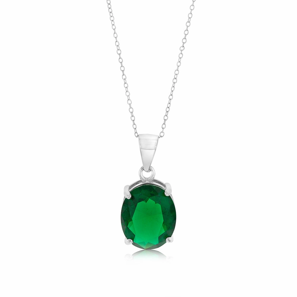 Sterling Silver Oval Created Emerald Pendant On Chain