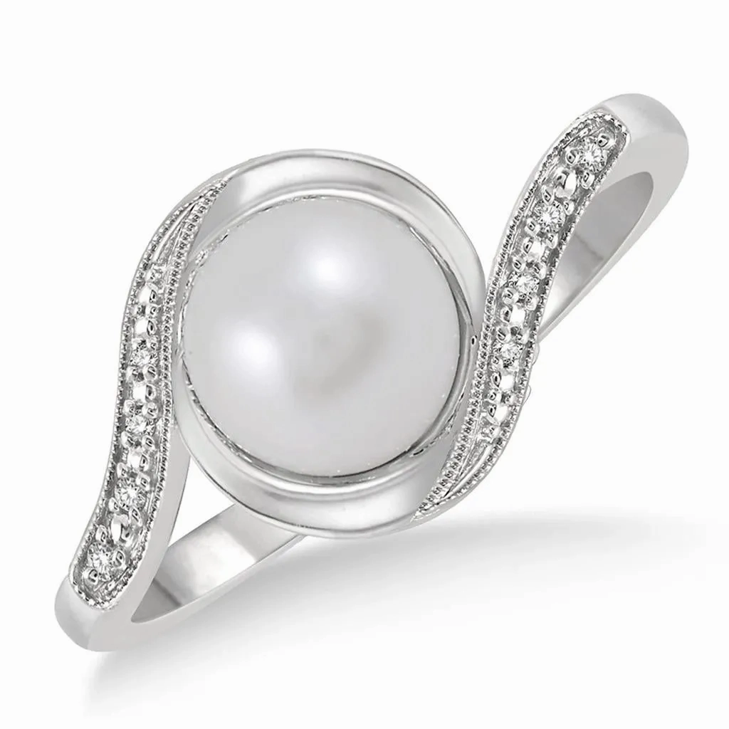 Sterling Silver Pearl And Diamond Bypass Ring