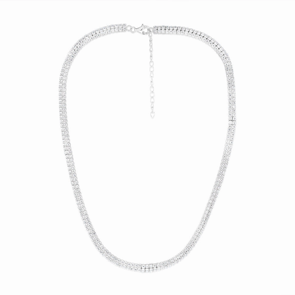Sterling Silver Rhodium Plated 2mm Cubic Zirconia Two Row 40 5cm Tennis Chain