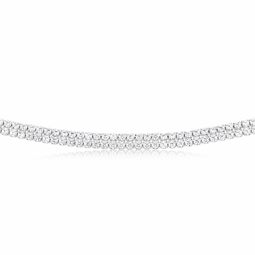 Sterling Silver Rhodium Plated 2mm Cubic Zirconia Two Row 40 5cm Tennis Chain