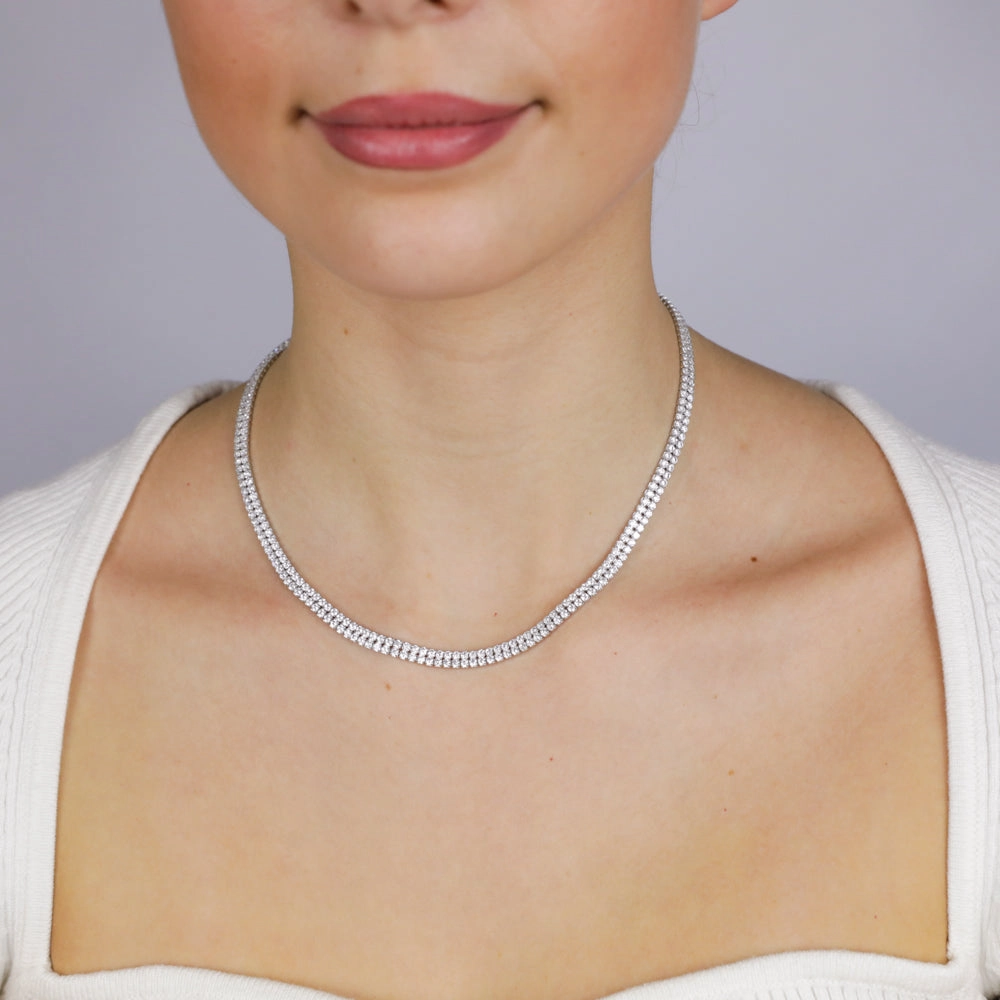Sterling Silver Rhodium Plated 2mm Cubic Zirconia Two Row 40 5cm Tennis Chain