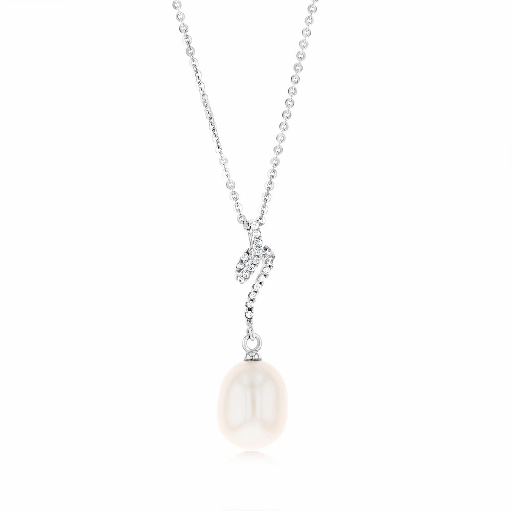 Sterling Silver Rhodium Plated 8.5-9mm Fresh Water Drop Pearl & Zirconia Pendant On Chain