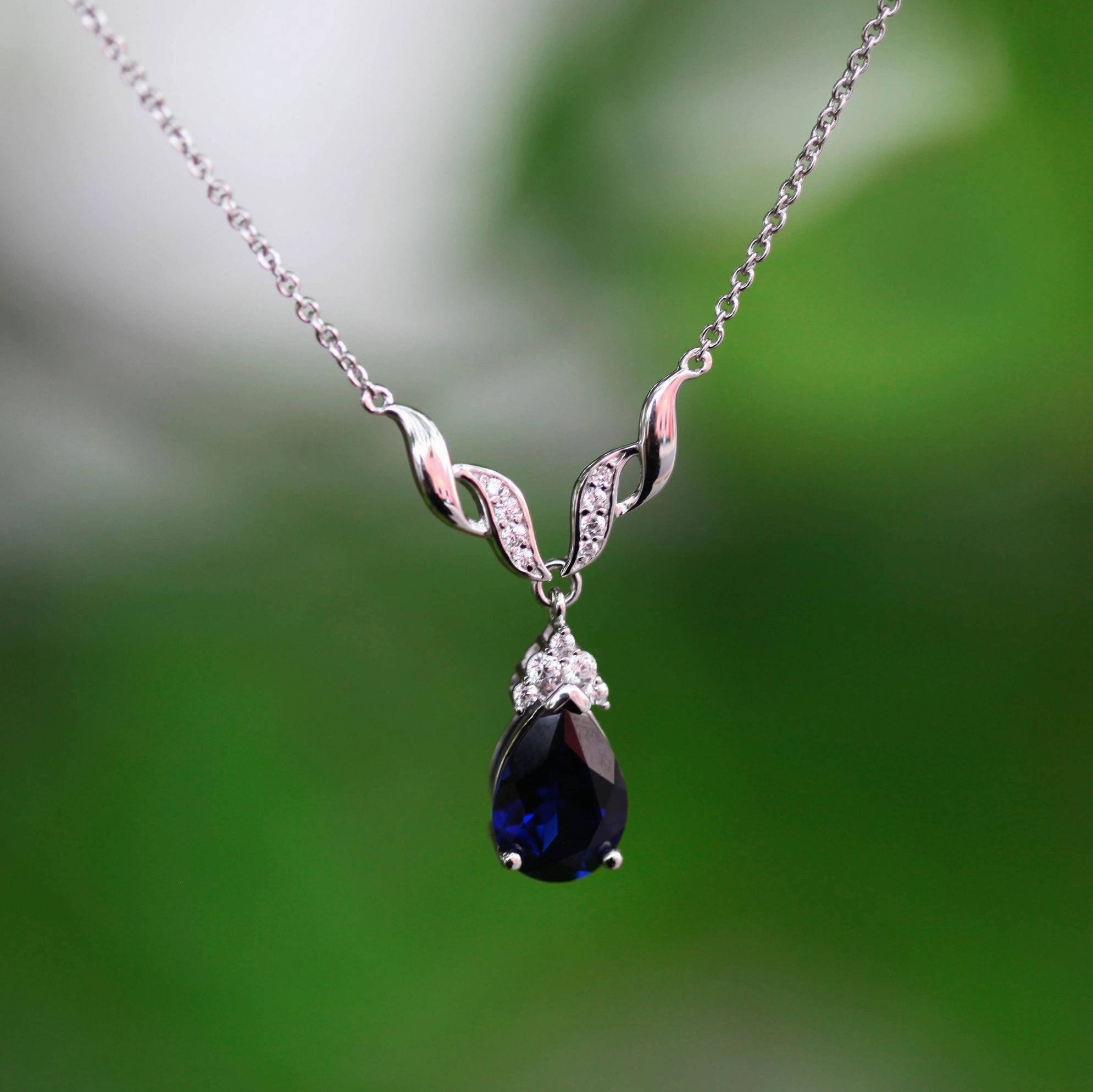 Sterling Silver Rhodium Plated Created Sapphire & Zirconia Necklet 42 3cm