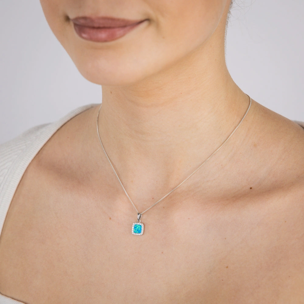 Sterling Silver Rhodium Plated Cubic Zirconia Created Blue Opal Square Pendant