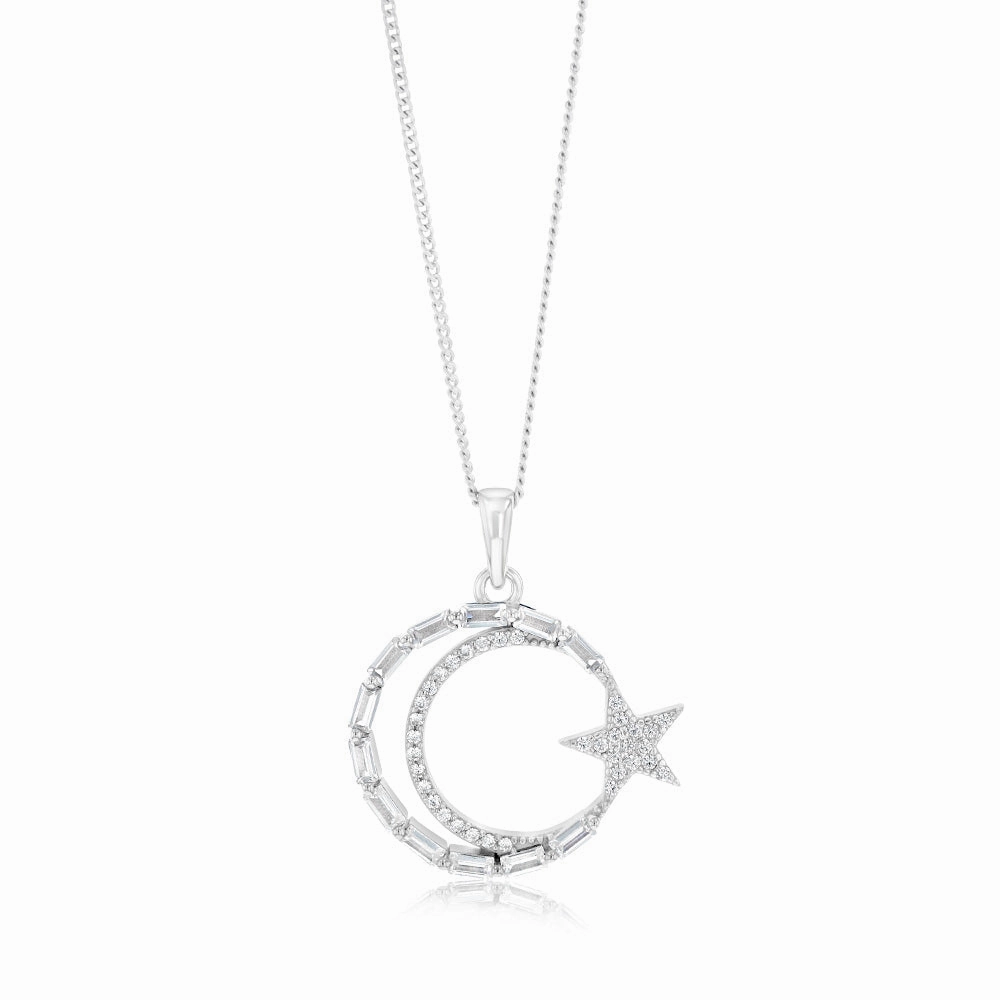 Sterling Silver Rhodium Plated Cubic Zirconia Star And Moon Round Pendant