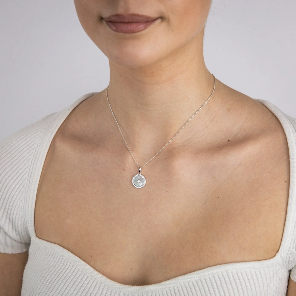 Sterling Silver Rhodium Plated Cubic Zirconia White Shell Pearl Round Pendant