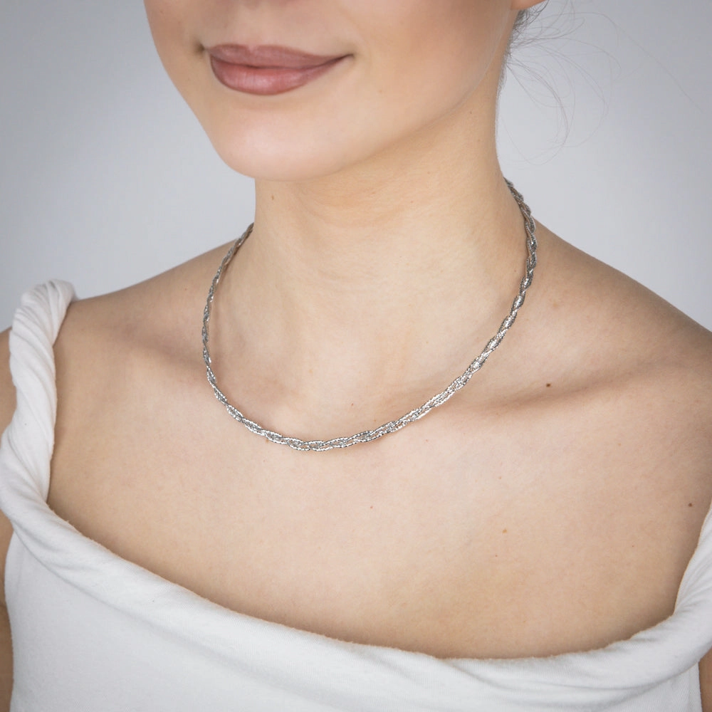 Sterling Silver Rhodium Plated Fancy Braided 42 3cm Chain