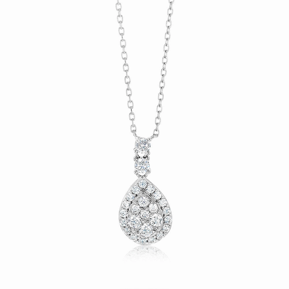 Sterling Silver Rhodium Plated White Cubic Zirconia Pear Shaped Pendant On chain