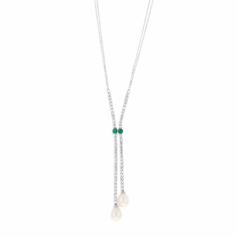Sterling Silver Rhodium Plated Zirconia And 7.5-8mm Oval Fresh Water Pearl Pendant On Chain