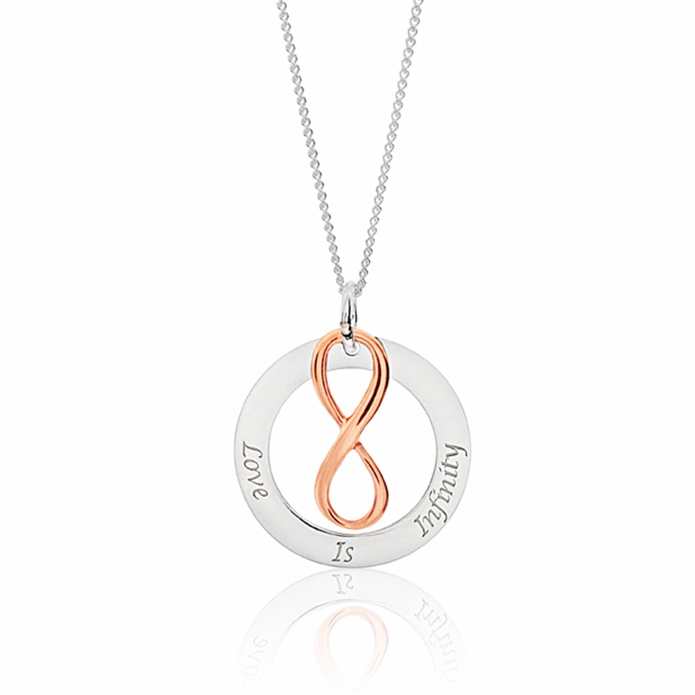 Sterling Silver Rose Gold Plated Love Is Infinity Pendant With 40   5cm Chain