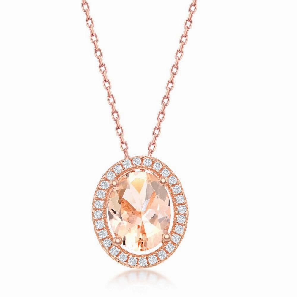 Sterling Silver Rose Gold Plated Oval Morganite CZ Pendant
