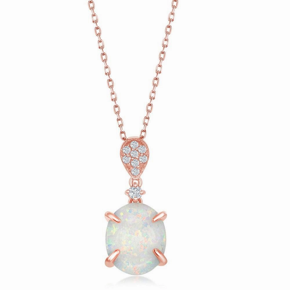 Sterling Silver Rose GP Four Prong White Inlay Opal Pendant